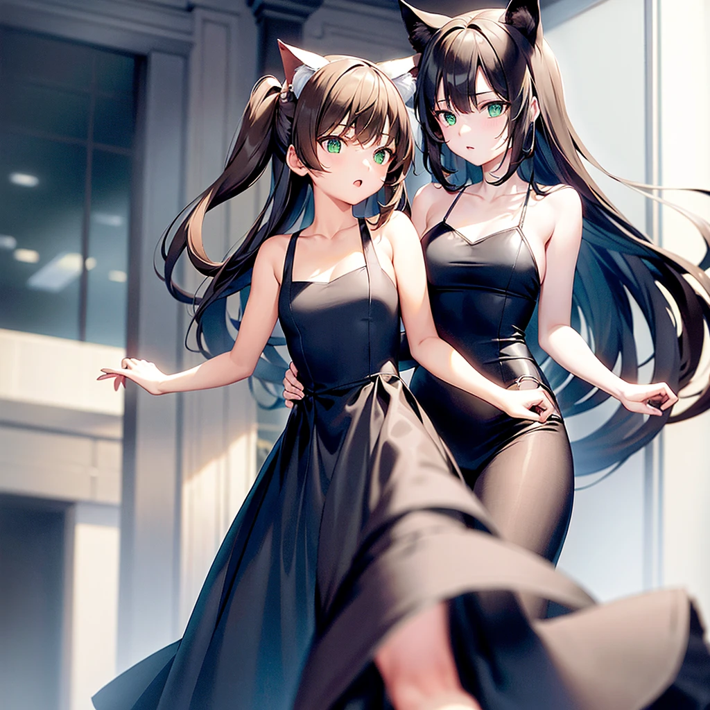 Best quality, (connected_dicephaly:1.1), (2 heads:1.4), 1 girl, one girl, black dress, White running shoes, Brown hair, green eyes, cat ears, two heads,