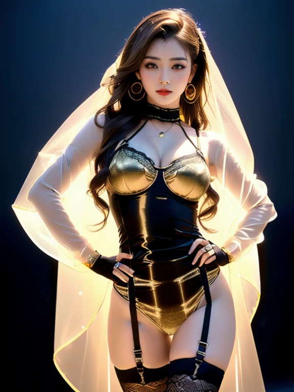 An Asian Chinese female model, (Night background), (8K Ultra HD, Digital SLR Camera, Soft Light, high quality, Volumetric Lighting, frank, photo, high resolution, 4K, 8K, Bokeh), ((Create stunning images of real girls), warm light, Dynamic poses, Elegant Posture, Cowboy lens, Full body front view, From the front,Be confident, Front of the body facing the camera, Standing posture facing the camera, Open your legs slightly, Golden Ratio Graphics, Minimalism), (Show a charming smile, Willow Leaf Eyebrows, big eyes, Apricot eye prick, Cherry Blossom, Balanced Eyes, Oval face, Pretty Face, Normal facial features, Skin is transparent and visible, Thin skin and tender meat, cosmetic, earrings, bracelet, necklace, Jewelry, veil, Hair accessories), (Brown hair, Wavy curly hairstyle, Waist-length hair, Messy Hairstyle, Gradient hairstyles, Cyberpunk hairstyle), ((Transparent clothes:1.5), (Color of clothes:red),BDSM clothes, Mesh clothes, Transparent mesh one-piece swimsuit, Three-point bra with straps), (Sexy, Perfect breast shape, Teardrop-shaped chest shape, Snow-white breasts, very detailed breasts, 34E cup), (Super high waist clothes, Waist hollow,Camel toe, Levain), (Black buds, Sheer lace knee socks, 吊garter, Leg ring, garter, 腿部garter)