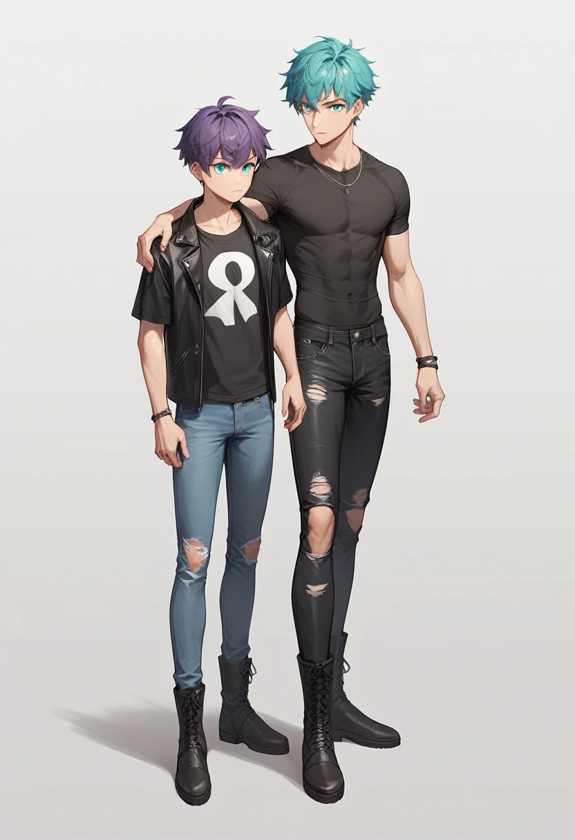 1 guy, purple short hair, turquoise eye color, black ripped jeans, black boots, Black leather jacket, dark gray t-shirt, White background, standing straight