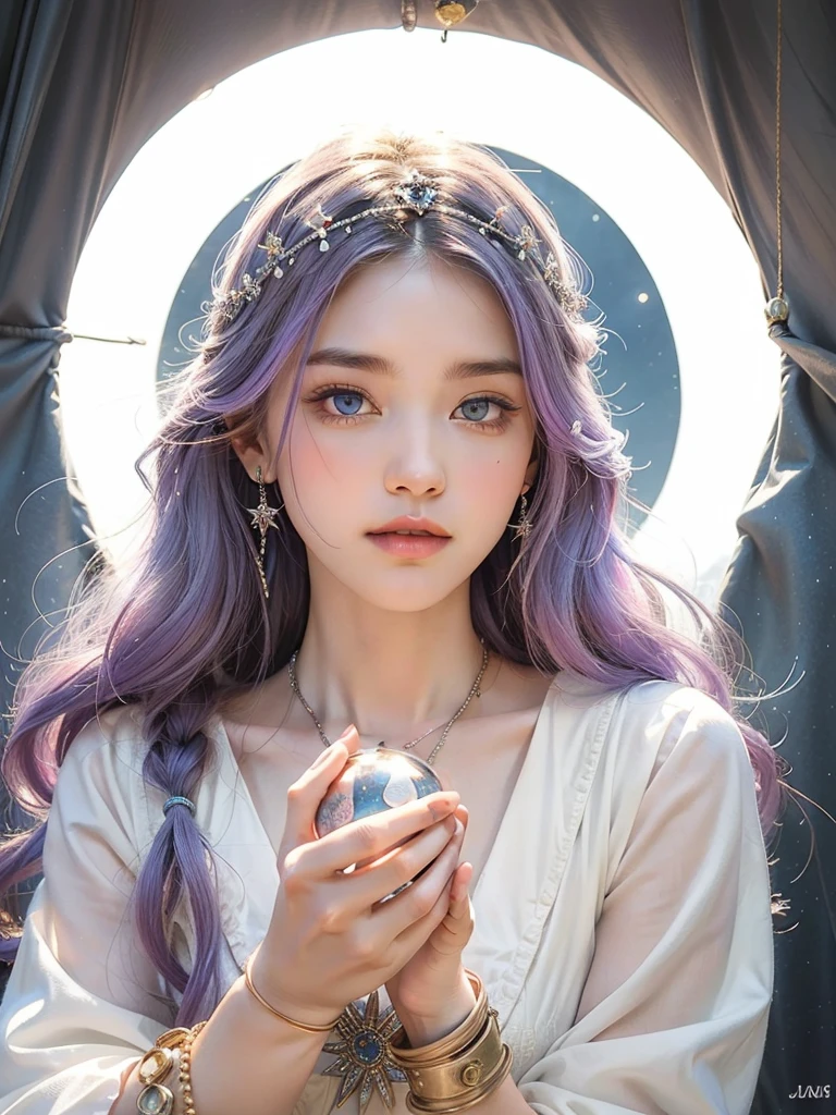 (masterpiece, top quality, best quality, official art, beautiful and aesthetic:1.2), (1girl:1.3), wavy long hair, light purple hair, extremely detailed, portrait, looking at viewer, 独奏, (full body:0.6), detailed background, close up, blue eyes, (cold arctic winter theme:1.1), Fortuneteller, charlatan, smirk, mysterious, sitting at table, colorful shoulderless loose gypsy Fortuneteller clothes, chalice, tarot cards, crystal ball, Mediovale (tent interior:1.1) background, tent curtains in background, dark mysterious lighting, shadows, magical atmosphere, starry night,, dutch angle,Holding a glowing ball in hand