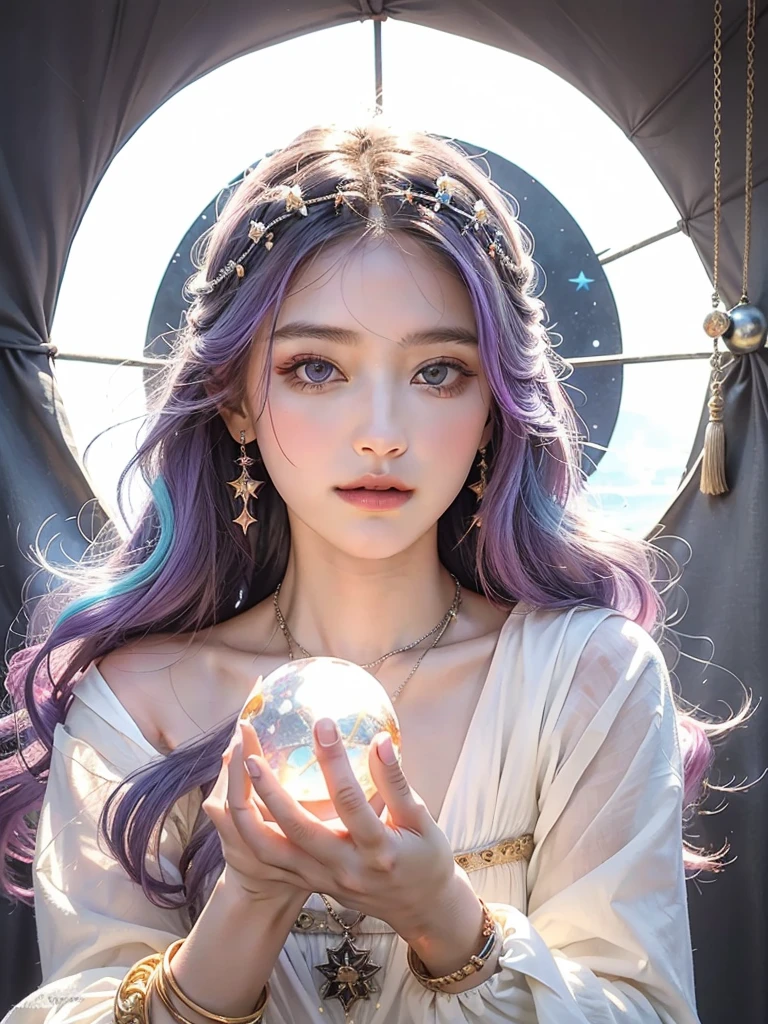 (masterpiece, top quality, best quality, official art, beautiful and aesthetic:1.2), (1girl:1.3), wavy long hair, light purple hair, extremely detailed, portrait, looking at viewer, 独奏, (full body:0.6), detailed background, close up, blue eyes, (cold arctic winter theme:1.1), Fortuneteller, charlatan, smirk, mysterious, sitting at table, colorful shoulderless loose gypsy Fortuneteller clothes,      chalice,   tarot cards, crystal ball,  Mediovale (tent interior:1.1) background, tent curtains in background, dark mysterious lighting, shadows, magical atmosphere, starry night,, dutch angle，Holding a glowing ball in hand
