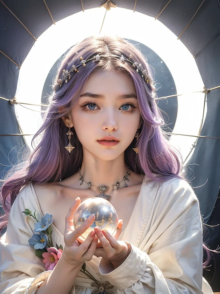 (masterpiece, top quality, best quality, official art, beautiful and aesthetic:1.2), (1girl:1.3), wavy long hair, light purple hair, extremely detailed, portrait, looking at viewer, 独奏, (full body:0.6), detailed background, close up, blue eyes, (cold arctic winter theme:1.1), Fortuneteller, charlatan, smirk, mysterious, sitting at table, colorful shoulderless loose gypsy Fortuneteller clothes,      chalice,   tarot cards, crystal ball,  Mediovale (tent interior:1.1) background, tent curtains in background, dark mysterious lighting, shadows, magical atmosphere, starry night,, dutch angle，Holding a glowing ball in hand