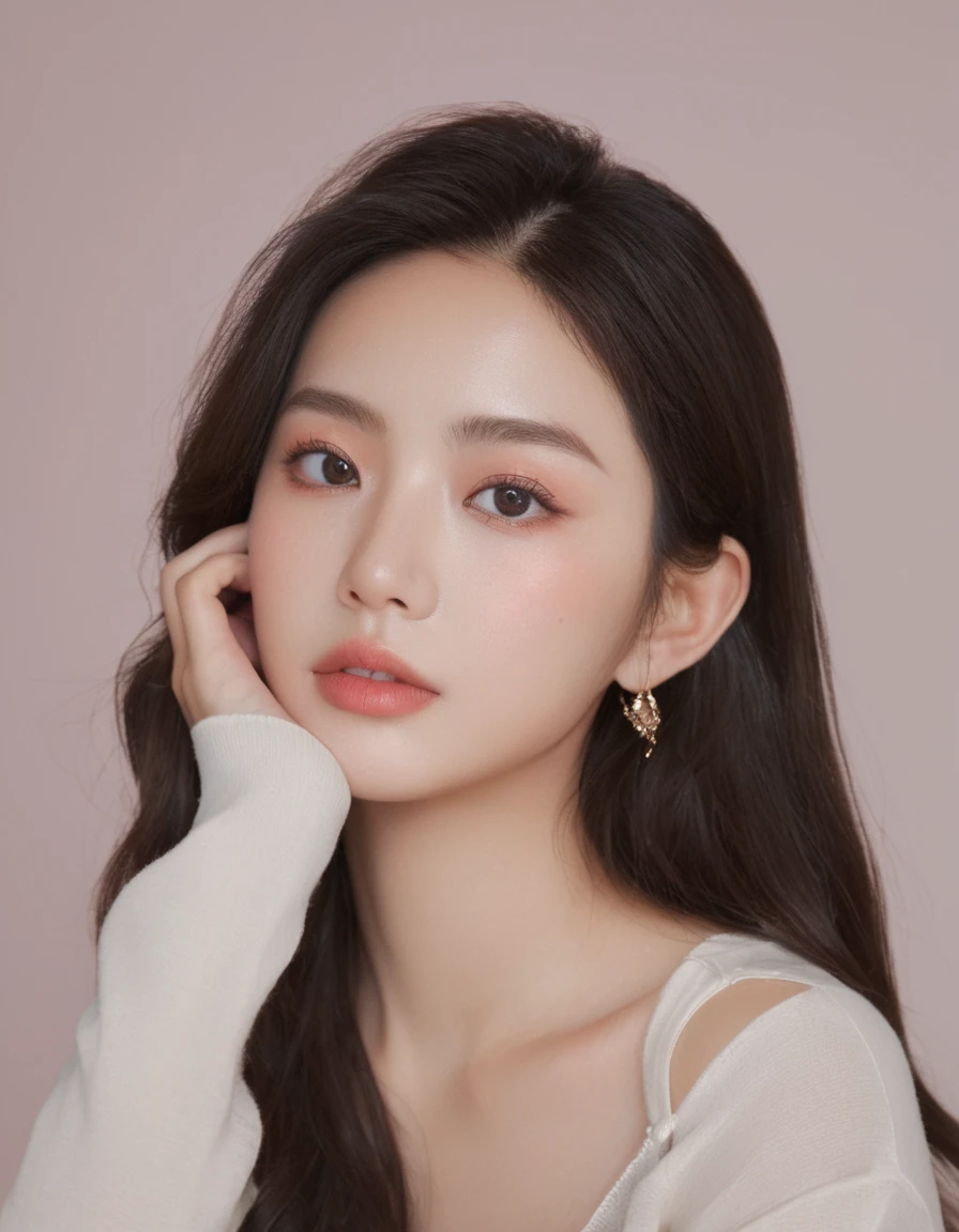 medium wide close-up, potrait, wide shoot, profile photo, front photo, 1girl, woman, (Photorealsitic)、(intricate detailes:1.2)、(masterpiece、:1.3)、beauty face, (top-quality:1.4)、(超A high resolution:1.2)、超A high resolution、(A detailed eye)、(detailed facial features), ((Realistic lighting、top-quality、8K、natural light, masterpiece:1.3))、bright photo, Clear focus:1.2、1girl in、flawless beauty:1.4、Superfine Face、Narrow-eyed、double eyelid、photos realistic, perfect eyes, perfect skin, detailed skin, detailed face, looking viewer, front view, potrait, raw photo, simple soft pink background, (intricate detailed skin textured:1.4) front view, looking viewer, clear face, 1 girl、porate、Bright and very beautiful face、beautiful girl, A stunning close-up portrait showcasing the beauty of a Korean model. The composition features soft, natural lighting , bright eyes, and striking cheekbones. Her glossy, The background is simply white background, wear sweetshirt, neat hair, long hair, instagram model, profil picture, bright and natural