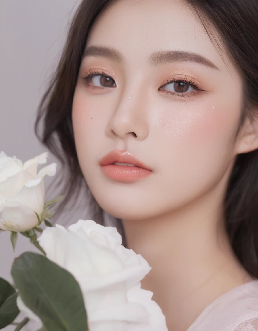 medium wide close-up, potrait, wide shoot, profile photo, front photo, 1girl, woman, (Photorealsitic)、(intricate detailes:1.2)、(masterpiece、:1.3)、beauty face, (top-quality:1.4)、(超A high resolution:1.2)、超A high resolution、(A detailed eye)、(detailed facial features), ((Realistic lighting、top-quality、8K、natural light, masterpiece:1.3))、bright photo, Clear focus:1.2、1girl in、flawless beauty:1.4、Superfine Face、Narrow-eyed、double eyelid、photos realistic, perfect eyes, perfect skin, detailed skin, detailed face, looking viewer, front view, potrait, raw photo, simple soft pink background, (intricate detailed skin textured:1.4) front view, looking viewer, clear face, 1 girl、porate、Bright and very beautiful face、beautiful girl, A stunning close-up portrait showcasing the beauty of a Korean model. The composition features soft, natural lighting , bright eyes, and striking cheekbones. Her glossy, The background is simply white background, wear sweetshirt, neat hair, long hair, instagram model, profil picture, bright and natural