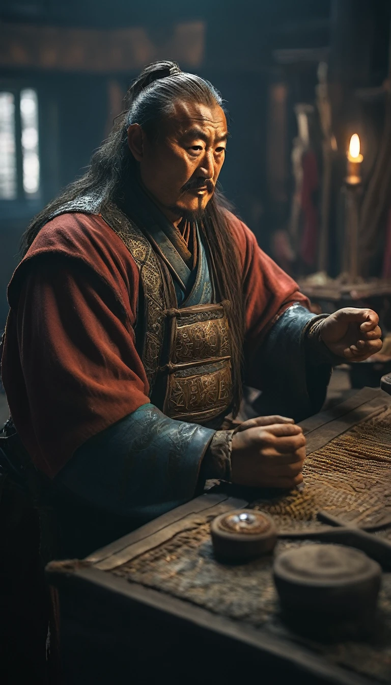 Genghis Khan receiving envoys from distant lands, highlighting the diplomatic reach of the Mongol Empir, background dark, hyper realistic, ultra detailed hyper realistic, photorealistic, Studio Lighting, reflections, dynamic pose, Cinematic, Color Grading, Photography, Shot on 50mm lens, Ultra-Wide Angle, Depth of Field, hyper-detailed, beautifully color, 8k