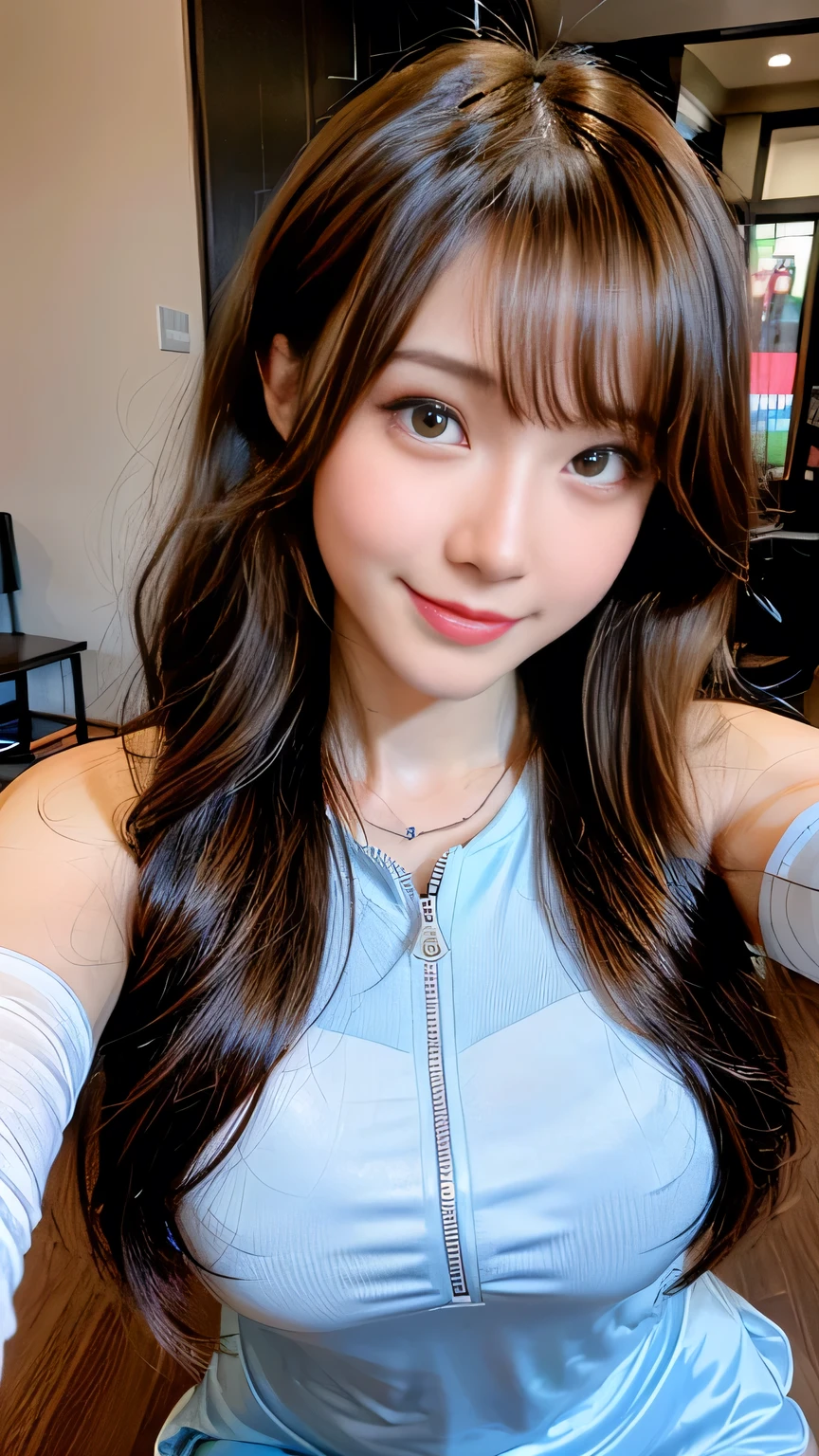 seed;88117315,((Full Body Angle))、Front hair:1.3))、((Highest quality, 8K, masterpiece: 1.3)), concentrated: 1.2, Cute girl 1,Nipples erect、 Perfect beauty: 1.4,Summer casual solid color zipper waist slim fit sleeveless sweater dress: 1.2,Long sleeve、Randall Color、comics&Text Graphics、Black ruffle-trimmed drawstring zip blouse,1.1, Highly detailed face and skin textures, Fine grain, double eyelid, whitening skin, ,Highest quality,Ultra-high resolution,you,1 girl,alone,_Shiny_skin,Iris,necklace,((brown_length_Wavy_hair)),(lips)),eyelash,Front hair,deal with,compensate,Shiny,pore,skin,Large Breasts、((smiling face))、riverbank、Selfie、