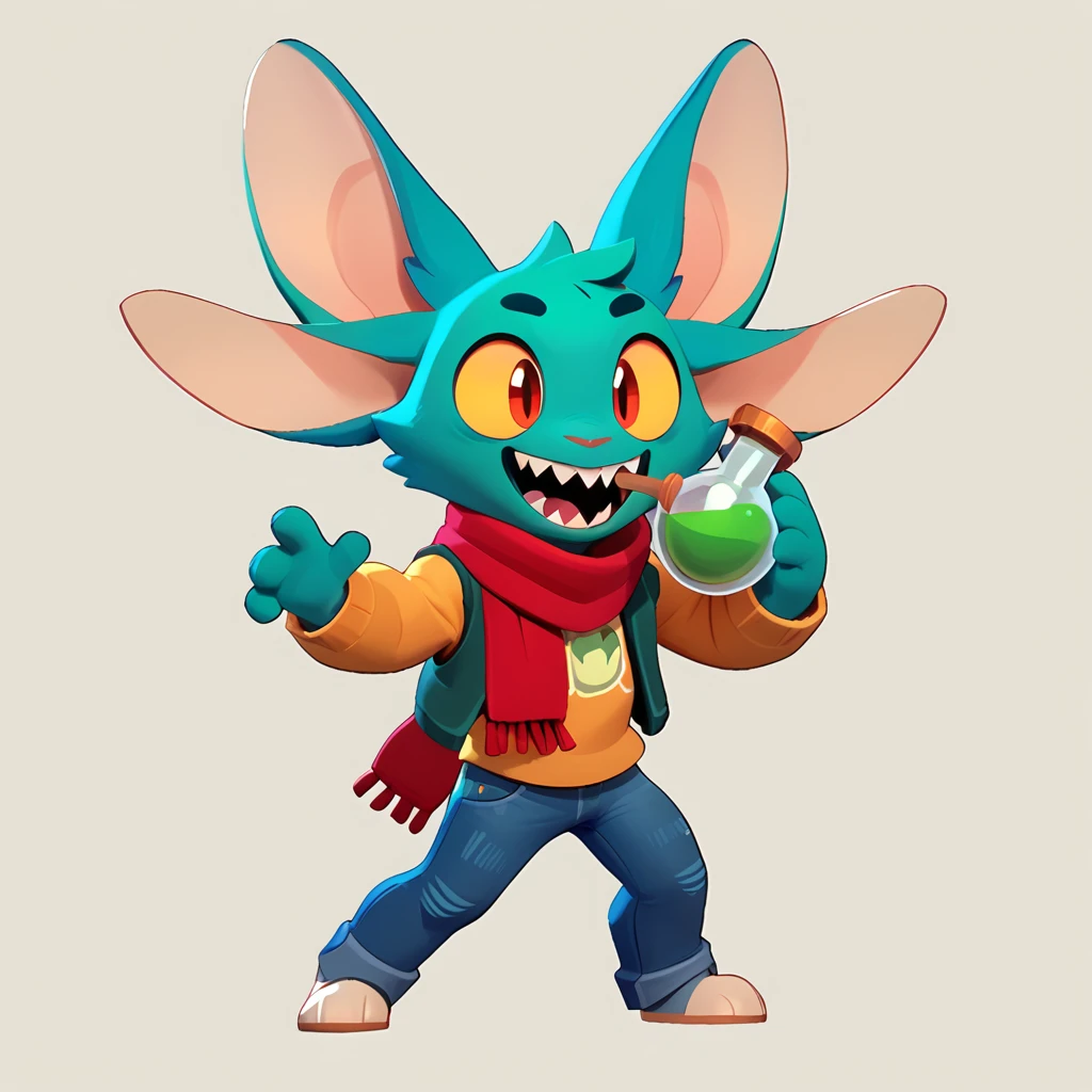 Full body view of a small spherical male monster with light teal fur, long ears, sharp teeth, smiling, open mouth, dressed in jeans and a red scarf, drinking a green potion