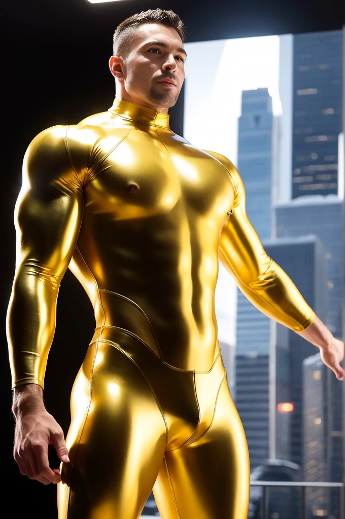 ultra high res, best quality, photo, 4k, (photorealistic:1.4), cinematic lighting, a muscular man, abdominal muscle, wearing gold shiny tight latex suit, cyberpunk environment, snow and environment in the background, cathedral of , portal of the future, volumetric light, HD, magic, god light, backlighting, detailed face, contrapposto,tight suit showing his muscular features