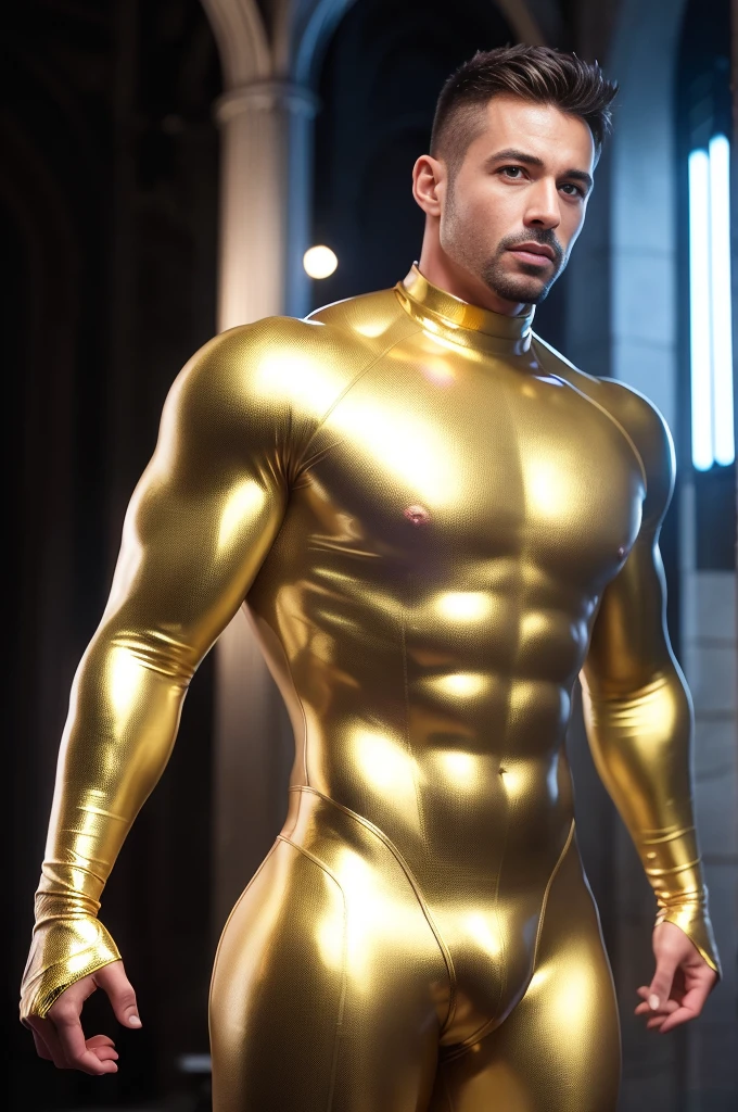 ultra high res, best quality, photo, 4k, (photorealistic:1.4), cinematic lighting, a muscular man, abdominal muscle, wearing gold shiny tight latex suit, cyberpunk environment, snow and environment in the background, cathedral of , portal of the future, volumetric light, HD, magic, god light, backlighting, detailed face, contrapposto,tight suit showing his muscular features