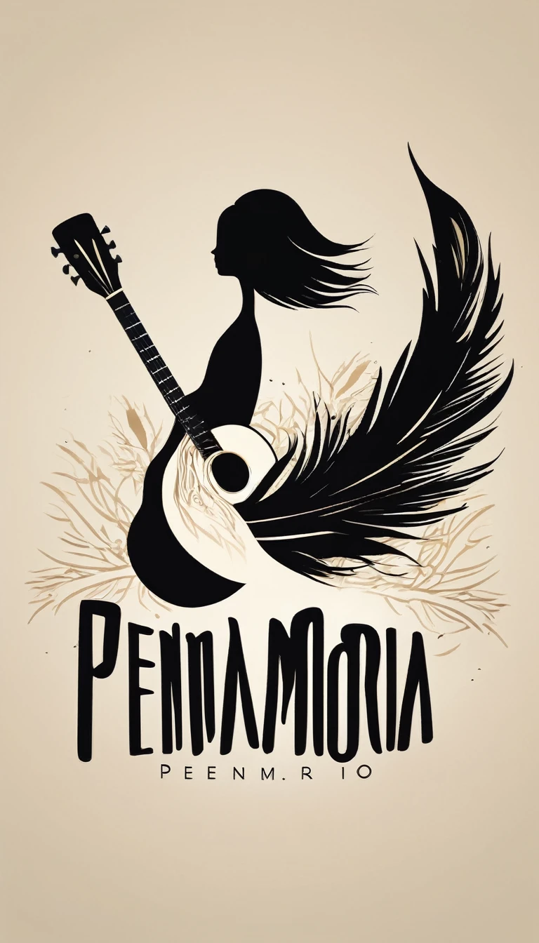 A minimal, modern, simple, cinematic logotype for the brand “Penamemoria". The logotype must be a simple, magical feather and a boy playing acoustic guitar. The logo must convey a sense of music, stories and dreams. Logo design impressed on a book cover. Minimalistic logo