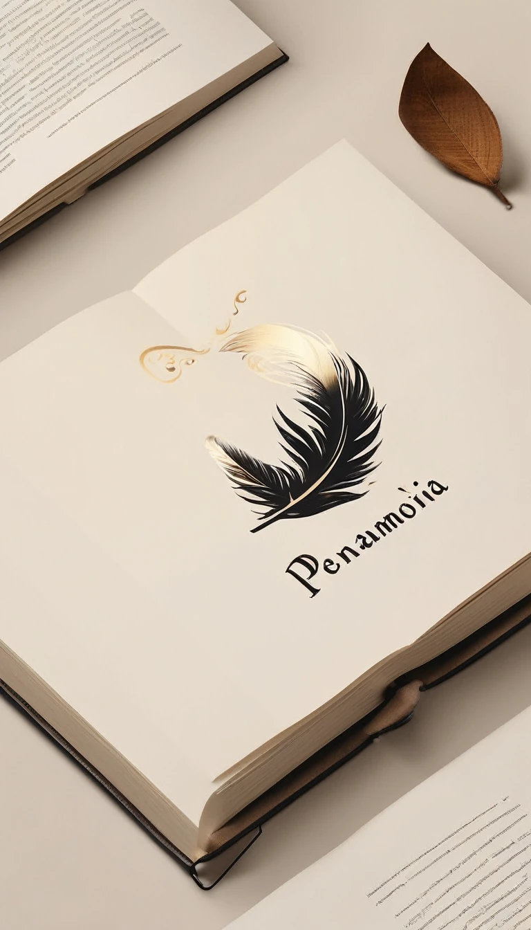 A minimal, modern, simple, cinematic logotype for the brand “Penamemoria". The logotype must be a simple, magical feather and a boy playing acoustic guitar. The logo must convey a sense of music, stories and dreams. Logo design impressed on a book cover. Minimalistic logo
