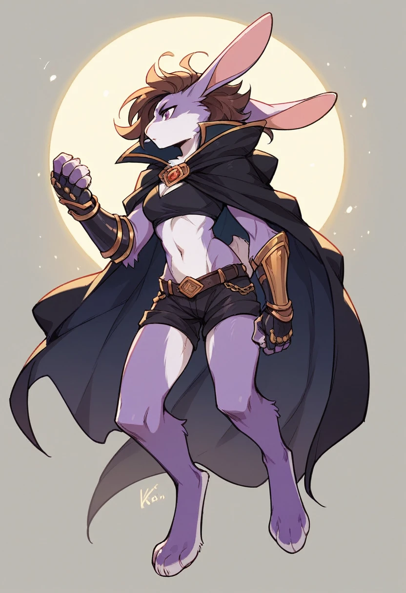 create a picture of a female half rabbit character with purple giant rabbit digitigrade legs with white paws, put purple rabbit ears on top of her head, make her wearing a royal looking black cloak with golden accents and black shorts with golden accents and black gauntlets with purple lights, put purple fur on her arms from her elbows down, give her short brown hair, make her legs look fluffy and furry, make it in an anime style, keep her barefoot, make her wearing a black athletic tank top underneath the cloak, make the gauntlets black, make her holding a hand out towards a purple rift