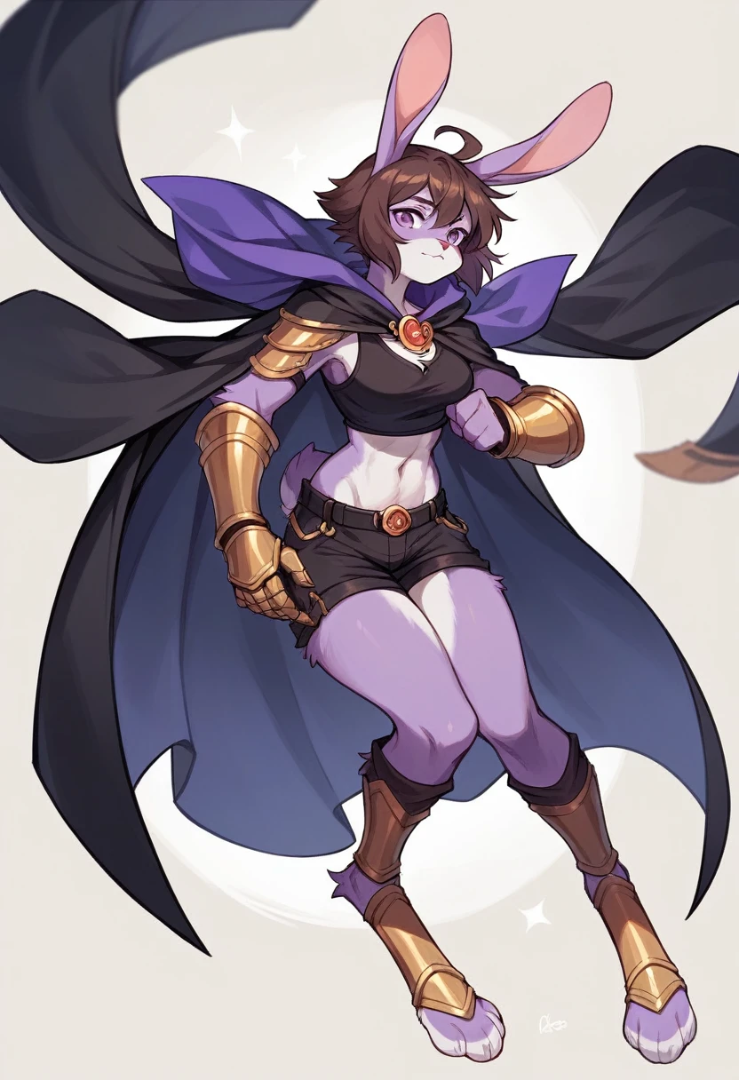 create a picture of a female half rabbit character with purple giant rabbit digitigrade legs with white paws, put purple rabbit ears on top of her head, make her wearing a royal looking black cloak with golden accents and black shorts with golden accents and black gauntlets with purple lights, put purple fur on her arms from her elbows down, give her short brown hair, make her legs look fluffy and furry, make it in an anime style, keep her barefoot, make her wearing a black athletic tank top underneath the cloak, make the gauntlets black, make her holding a hand out towards a purple rift