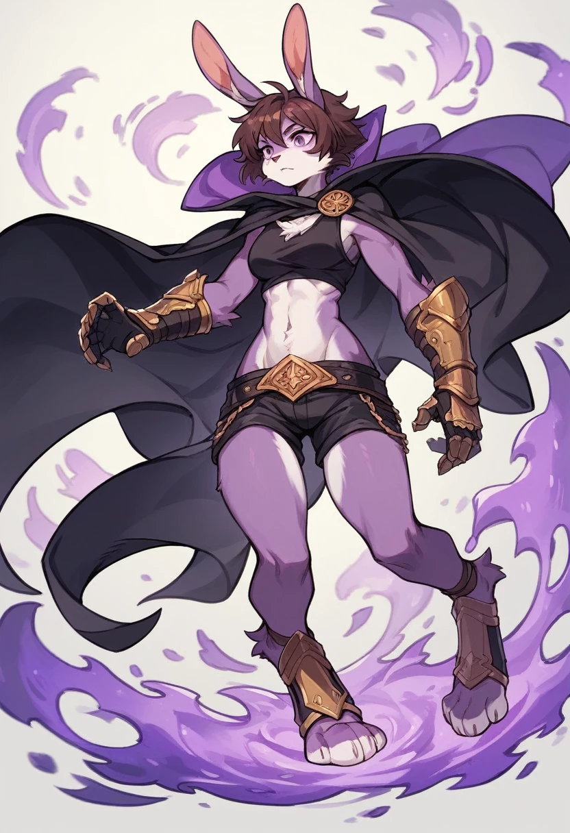 create a picture of a female half rabbit character with purple giant rabbit digitigrade legs with white paws, put purple rabbit ears on top of her head, make her wearing a royal looking black cloak with golden accents and black shorts with golden accents and black gauntlets with purple lights, put purple fur on her arms from her elbows down, give her short brown hair, make her legs look fluffy and furry, make it in an anime style, keep her barefoot, make her wearing a black athletic tank top underneath the cloak, make the gauntlets black, make her holding a hand out towards a purple rift