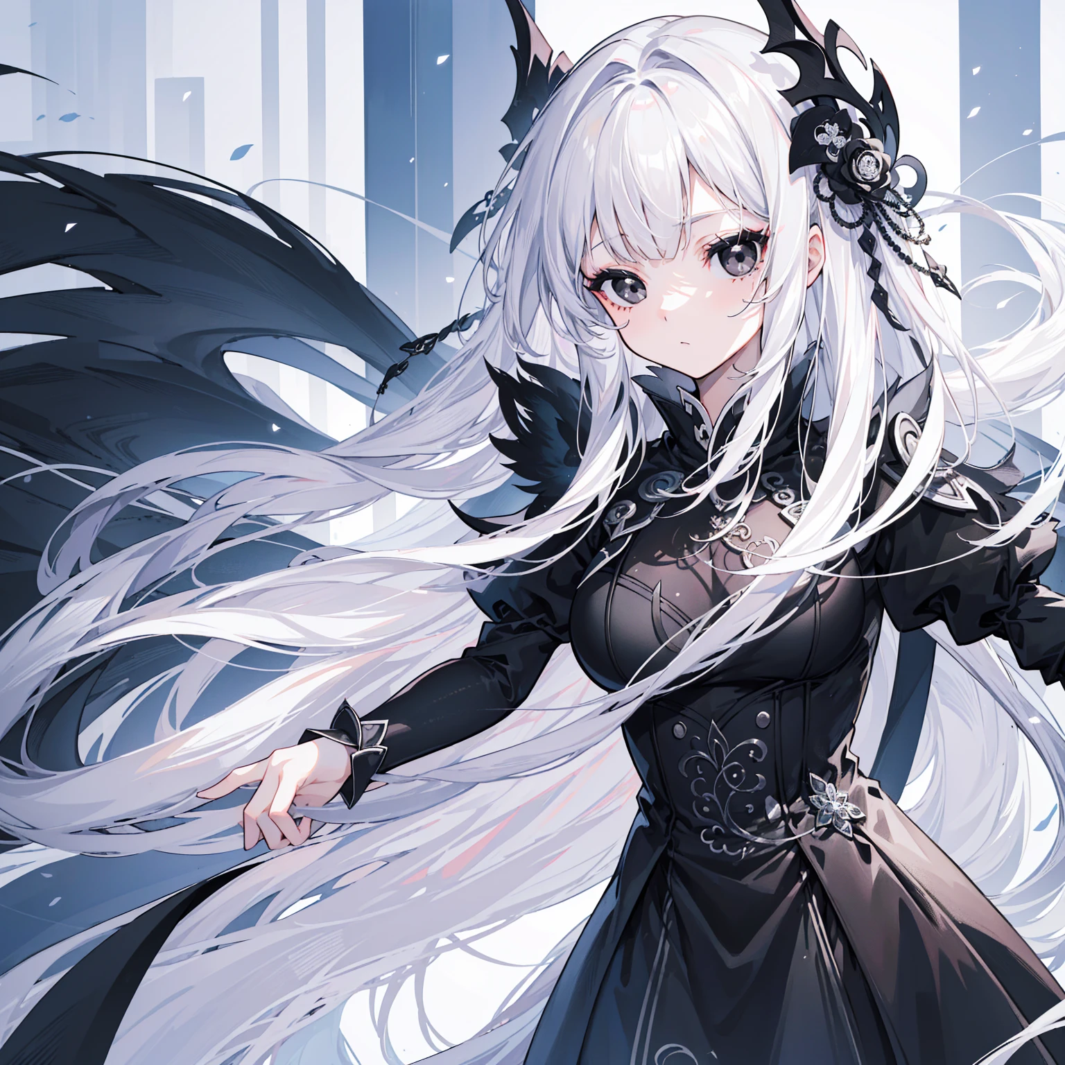 (Top image quality)、(Ultra Detailed)、(Facing forward)、top quality、masterpiece、((((1 girl))))、Silver Hair、white hair、((Long hair))、(black eyes:1.6)