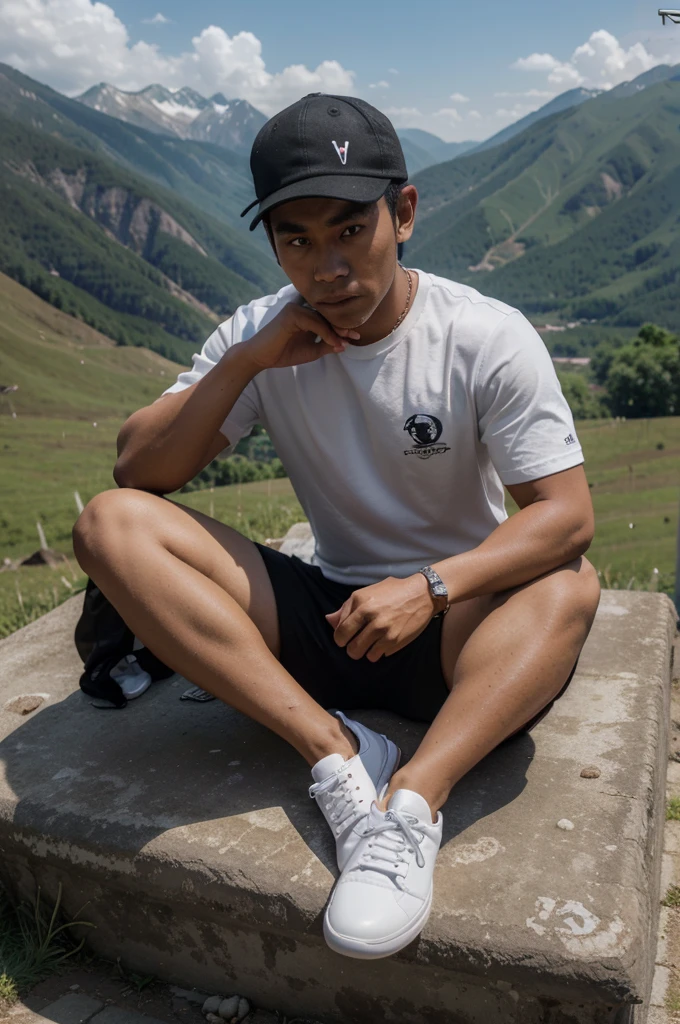 3D caricature of an Indonesian man wearing a white snap back hat. Wearing a black t-shirt that says heartache, wearing shorts, and white shoes, sitting on the hood of an old hartop while lamenting his fate, mountains and grass background. Photos from a distance of 5 meters are cool and realistic