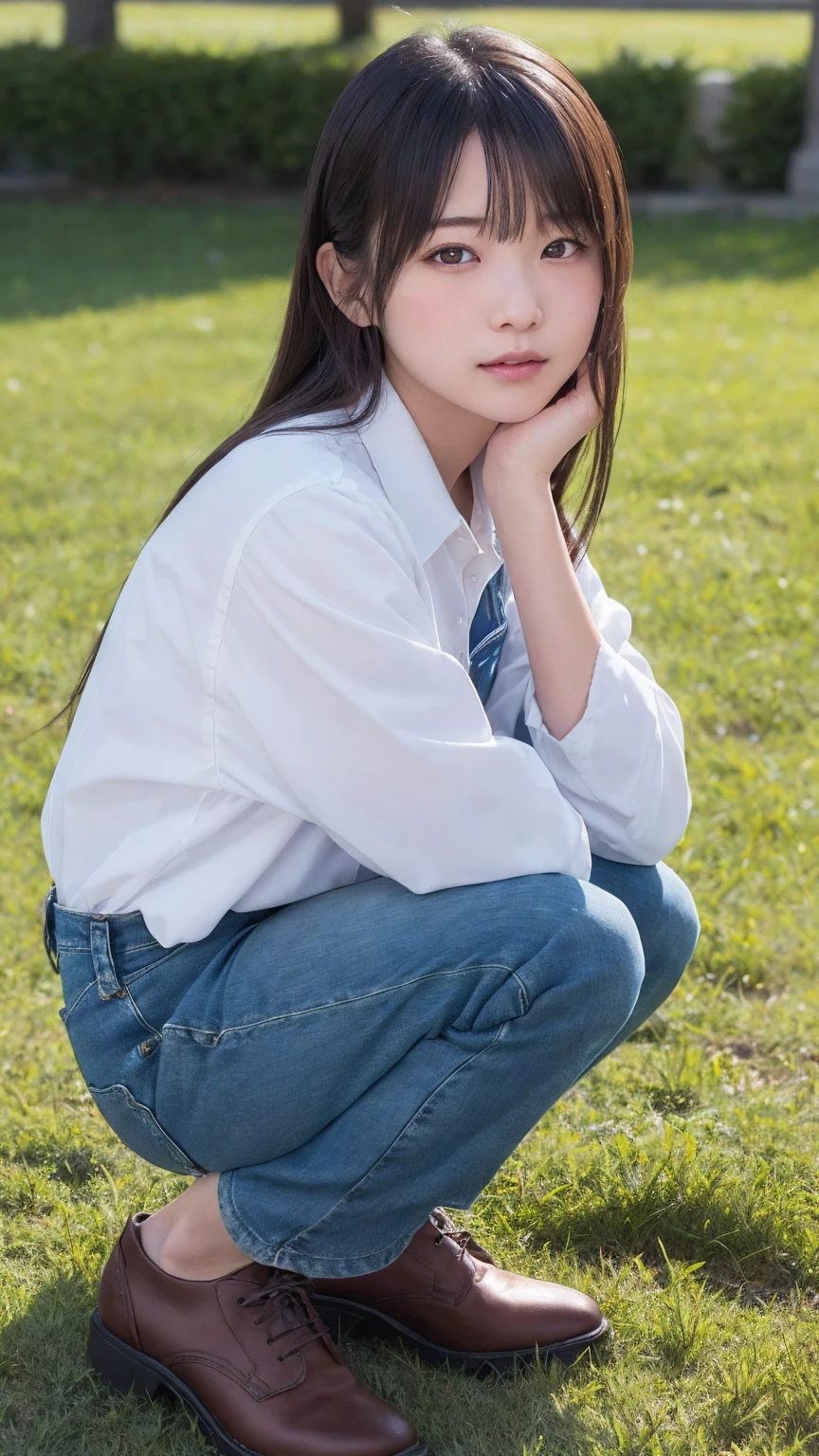 1 Female,((One girl)),((16 years:1)), cowboy_shot,(from_front:1.5),Eye of the worm,squat,自分のfeetを抱きしめる, On the grass,10 generations, Very young,純真なbeautiful少女たち, Idol&#39;s face, Delicate girl:1,feet,knees,(elegant_Sandals:1),(Tunic blouse:1.0), (Ruffled tops:1.0), (trainer:1),(cardigan:1),Sleeves are longer than the wrist, overly too long sleeves, (denim_skirt:1.3),at the park,(knees_Away:0.8),(white_elegant_pantiess are visible:1.3),(seamless_pantiess:1.3), (Camel Toe:1), (race_embroidery_panties:0.8),,(panties丸見え:1.5) ,masterpiece, Highest quality, 8K,(beautiful_skin:1),Detailed face,Smooth bristles, Glowing black eyes,Sparkling eyes,Childish,RAW Photos, Professional Lighting, Film Grain, chromatic aberration,Expressionless, (Small eyes and face:1.0), (Bokeh:1.1),School Bags