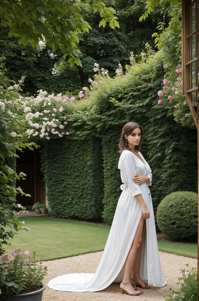 Femme de 24 ans réaliste dans un jardin en robe, prenant une pose.