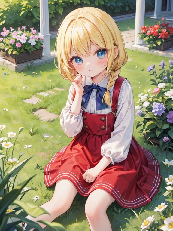 masterpiece, Highest quality, Very detailed, 16K, Ultra-high resolution, Cowboy Shot, 8-year-old girl, Detailed face, blue eyes, Blonde, Braid, Red dress, royal palace, garden, grass, sit