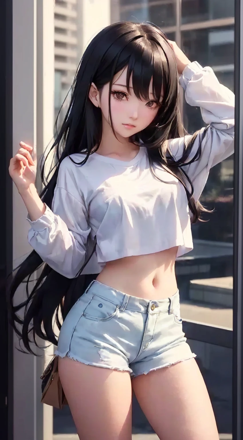 anime girl with long black hair posing in front of a window, anime girl with long hair, seductive anime girl, anime girl, attractive anime girl, ilya kuvshinov with long hair, casual clothing, beautiful anime girl, cute anime girl, young anime girl, style anime, casual clothes, realistic anime 3 d style, anime visual of a cute girl, casual pose