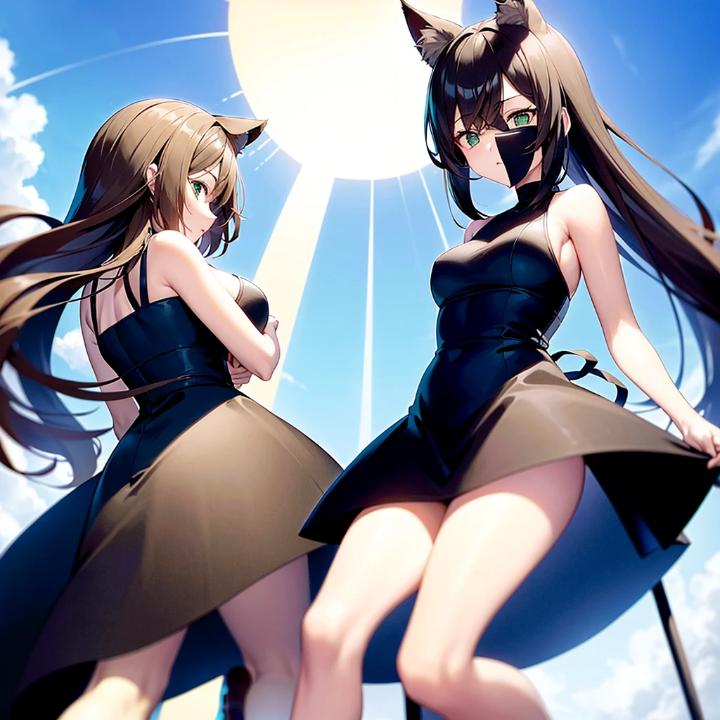 Best quality, (connected_dicephaly:1.1), (2 heads:1.4), 1 girl, one girl, black dress, White running shoes, Brown hair, green eyes, cat ears, two heads,