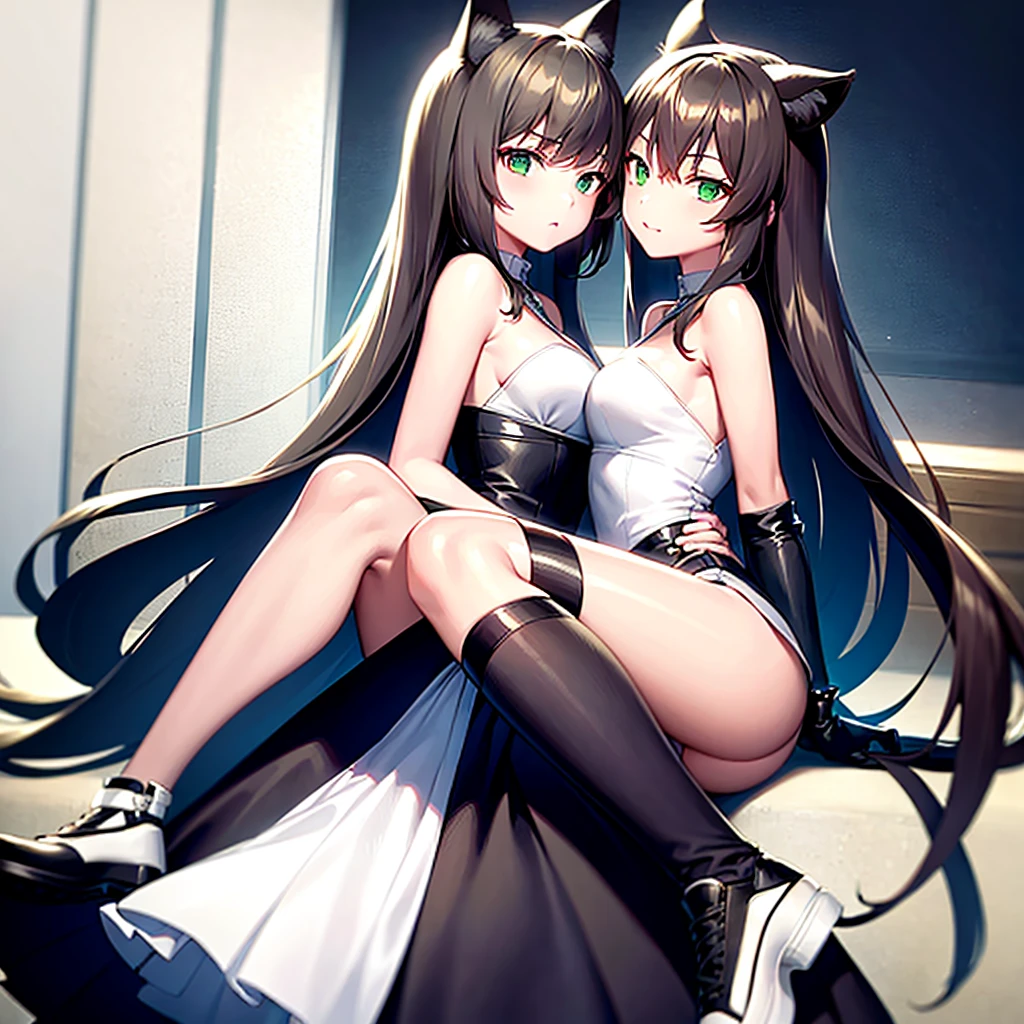 Best quality, (connected_dicephaly:1.1), (2 heads:1.4), 1 girl, one girl, black dress, White running shoes, Brown hair, green eyes, cat ears, two heads,