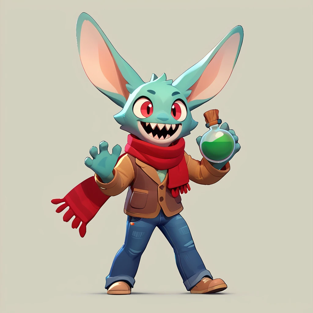Full body view of a small spherical male monster with light teal fur, long ears, sharp teeth, smiling, open mouth, dressed in jeans and a red scarf, drinking a green potion
