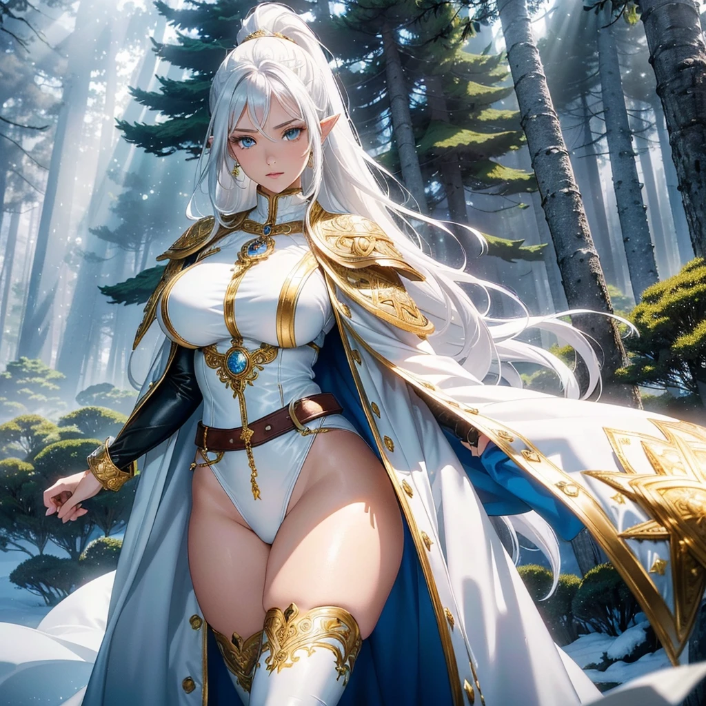 Realistic anime style image, (of a beautiful brown-skinned woman), ((cymetrical face)), ((Perfect beauty)), ((well-detailed blue eyes)), (long white hair tied in a ponytail) , ((long pointed ears)), ((sensual lips)), ((Big breasts)), ((Wide hips)),((thick thighs)), (She wears a white leather dress with a high collar, long sleeves and knee-length skirts, decorated with fine intricate details made in gold) (On her chest she wears a beautiful silver chain from which hangs a silver medallion decorated with fine intricate details), At her waist she wears a wide belt of silver chain, (on his back he wears a thick white leather cape with raised lapels decorated with fine silver details), (the cape is tied by two round silver brooches joined by a platinum chain, he wears thick white leather gloves on his hands , white low-heeled knee-length leather ankle boots, decorated with (beautiful intricate details made of gold), walking through a beautiful ((snowy forest of tall pine trees)), on a sunny day with snow-covered ground, the sun's rays penetrate through of the treetops.. high definition image, high quality, 8k definition, volumetric light,