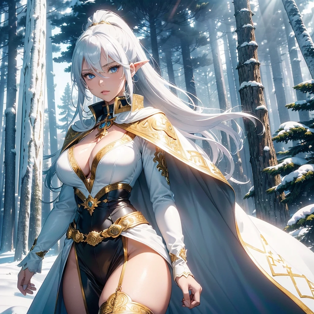 Realistic anime style image, (of a beautiful brown-skinned woman), ((cymetrical face)), ((Perfect beauty)), ((well-detailed blue eyes)), (long white hair tied in a ponytail) , ((long pointed ears)), ((sensual lips)), ((Big breasts)), ((Wide hips)),((thick thighs)), (She wears a white leather dress with a high collar, long sleeves and knee-length skirts, decorated with fine intricate details made in gold) (On her chest she wears a beautiful silver chain from which hangs a silver medallion decorated with fine intricate details), At her waist she wears a wide belt of silver chain, (on his back he wears a thick white leather cape with raised lapels decorated with fine silver details), (the cape is tied by two round silver brooches joined by a platinum chain, he wears thick white leather gloves on his hands , white low-heeled knee-length leather ankle boots, decorated with (beautiful intricate details made of gold), walking through a beautiful ((snowy forest of tall pine trees)), on a sunny day with snow-covered ground, the sun's rays penetrate through of the treetops.. high definition image, high quality, 8k definition, volumetric light,