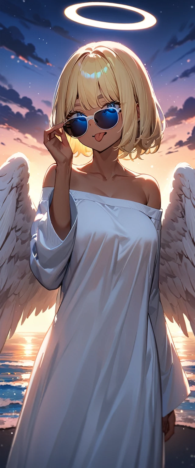 (((One girl))), ((tanned skin)), ((sunglasses, hand to sunglasses)), ((angel, big big white wings:1.2, halo:1.3)), open mouth, ((stick out tongue)), ((wavy hair)), evening, Sunset, sea, beach, ((blond hair, bob cut:1.3)), big breasts, teenager, (looking at viewer), oversized clothes, puffy long sleeves, collarbone, ((off-shoulder sweater dress:1.3, Quite thick shoulder straps)), (((sleeves past wrists:1.3))), ((white sweater)), collarbone, head tilt:1.3, (((blue eye))), ((happy smile)), (((anime style))), (best quality, 4K, 8K, highres, masterpiece:1.2, ultra-detailed, ultra-detailed eyes, HDR, uhd, studio lighting, ultra-fine painting, sharp focus, physically-based rendering, extreme detail description, professional, vivid colors, bokeh), ((Highest quality, Best image quality, Ultra-high resolution, Ultra-high resolution, solo, Strong eye highlights)), Depth of written boundary, Natural soft light, attractive, Beautiful Face, Cleanliness, Pure Face, medium chest, Beautiful Face, Perfect Fingers, Perfect hands, Perfect body, Perfect Face, Shine a light into your eyes, Perfect Anatomy