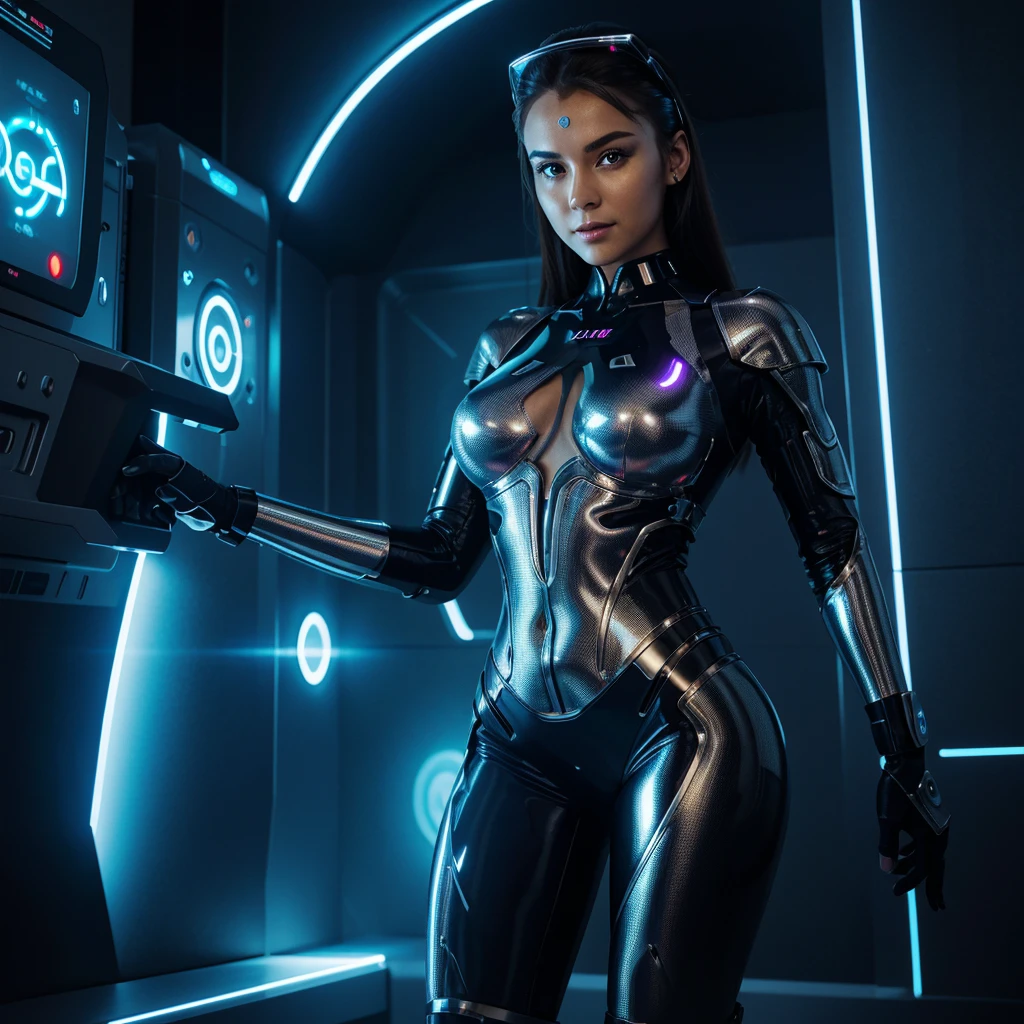 A full-body portrait of a seductive female cyborg, highly detailed and realistic, in a high-tech headpiece with glowing elements and metallic lines. She has a sleek, attractive figure and a confident pose, with one hand on her hip and the other slightly extended forward. She is wearing a form-fitting suit made of a mix of metal and fabric, with LED inserts, emphasizing her curves. The background features a futuristic cityscape with neon lights. Her face is incredibly beautiful with large, glowing eyes and a slight, enigmatic smile.
