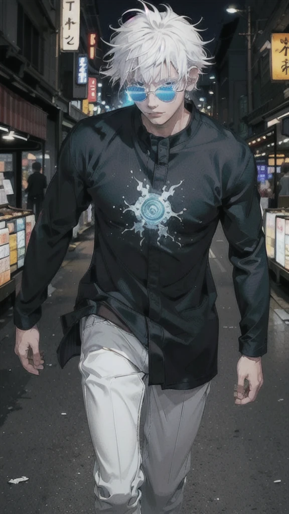 Gojo Satoru, solo, in a bustling marketplace, documentary style, casually walking, interacting with surroundings, rim light on white hair, glowing blue eyes, dressed in his black, highest detail, best quality,