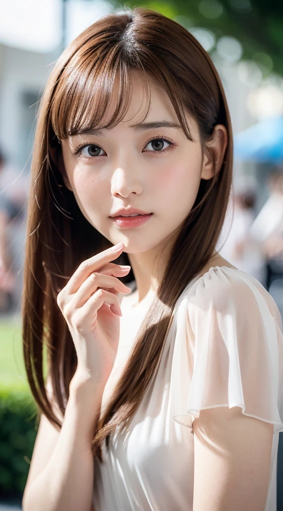 1womanl, up of face, mideum breasts, light brown hair, Blunt bangs, hair behind ear, hair over shoulder, Long hair, slender body shape, Ultra Fine Face, Thin face, Delicate lips, Beautiful eyes, thin blush, eyes are light brown, perfect glossy skin, flawless skin, Glistening sweat,View here, Ultra-thin hands, Ultra-fine fingers, best ratio four finger and one thumb, (realisitic:1.3), See-through white blouse. An amusement park, One-person viewpoint, Fuji Film, F/1.2, 8K, masutepiece, nffsw, Super Detail, High quality, Best Quality, hight resolution