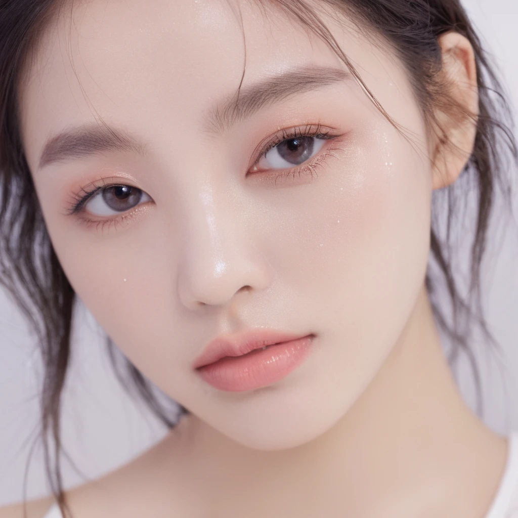 medium wide close-up, potrait, wide shoot, profile photo, front photo, 1girl, woman, (Photorealsitic)、(intricate detailes:1.2)、(​masterpiece、:1.3)、beauty face, (top-quality:1.4)、(超A high resolution:1.2)、超A high resolution、(A detailed eye)、(detailed facial features), ((Realistic lighting、top-quality、8K、natural light, ​masterpiece:1.3))、bright photo, Clear focus:1.2、1girl in、flawless beauty:1.4、Superfine Face、Narrow-eyed、double eyelid、photos realistic, perfect eyes, perfect skin, detailed skin, detailed face, looking viewer, front view, potrait, raw photo, simple soft pink background, (intricate detailed skin textured:1.4) front view, looking viewer, clear face,  1 girl、porate、Bright and very beautiful face、beautiful girl, A stunning close-up portrait showcasing the beauty of a Korean model. The composition features soft, natural lighting , bright eyes, and striking cheekbones. Her glossy,  The background is simply white background,  wear sweetshirt, neat hair, long hair, instagram model, profil picture, bright and natural