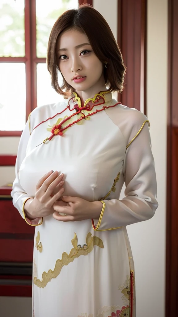(1girl),Beautifully detailed face, Pale skin, Realistic glistening skin, Detailed cloth texture, Detailed hair texture, Perfect body, Beautiful Face, Accurate, Anatomically correct, Highly detailed face そして skin texture, Natural neck length, (Beautiful Hそしてs), (Fair skin:1.2),Heavy chest, charm, Written boundary depth, (Perfect Anatomy:1.2), Accurate手足, Emphasize cleavageする, Camel Toe:1.21, (Highest quality:1.4), 32k resolution, High resolution 32k UHD, (masterpiece:1.2), (Improvement of quality:1.4), finely,Very detailed, Symmetrical eyes, (Wide Hips), (Huge breasts:1.3), (Aya Ueto),thin、(Cheongsam:1.8),(Chinese style interior:1.3),(Full body photography:1.1),(Emphasize cleavage:1.3),Skirt lifted,(show panty:1.2)
