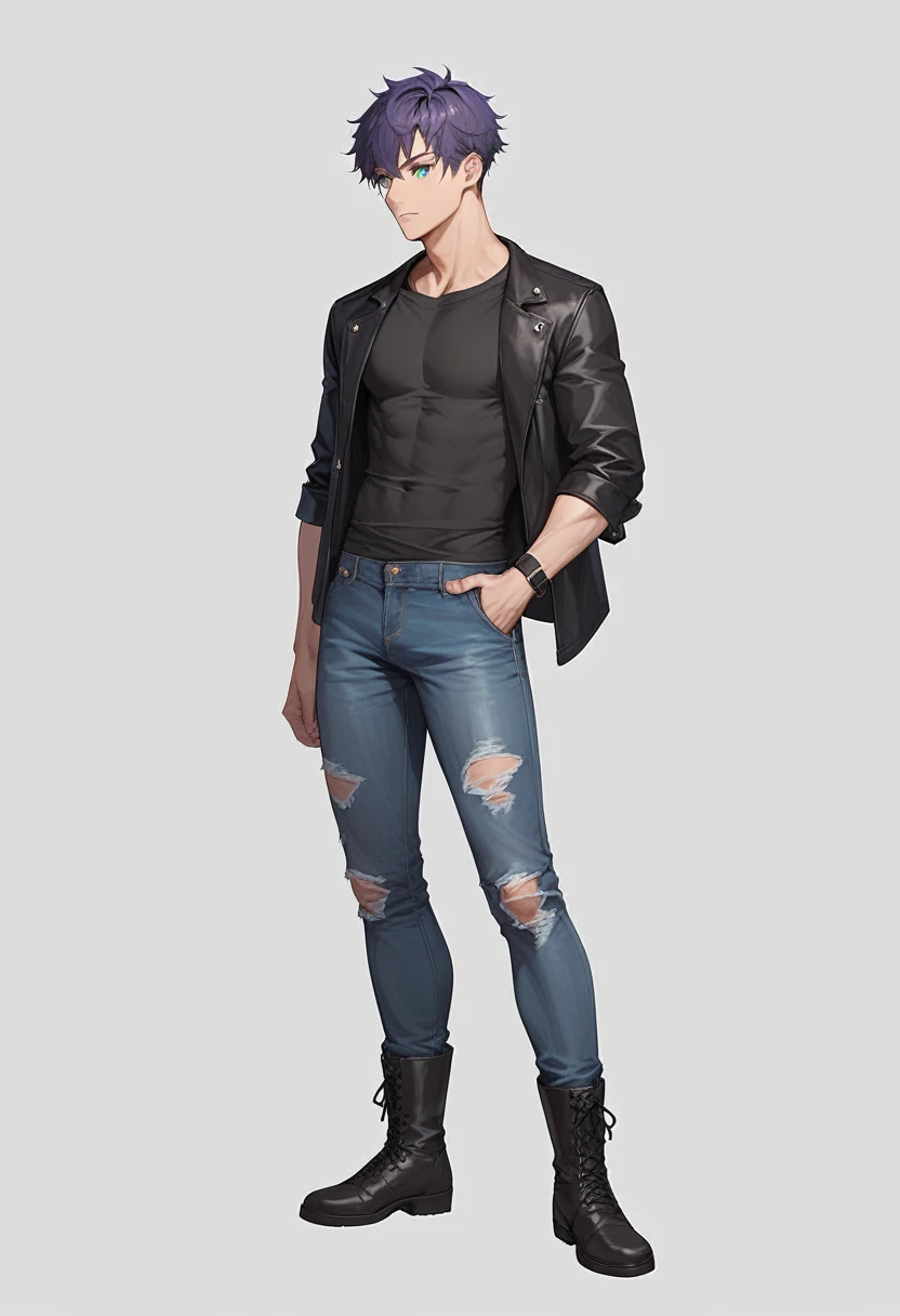 1 man, purple short hair, turquoise eye color, black ripped jeans, black boots, Black leather jacket, dark gray t-shirt, White background, standing straight
