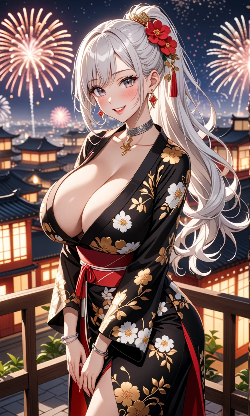 ((One personの女性)), Beautiful Face, (Laughing embarrassedly), (seductive smile:1.4), ((Wink:1.6)), (head tilt:1.3), Laugh with your mouth wide open, upper teeth, looking at viewer, ((full-face blush:1.6)),Glossy Red Lips,Night view, High terrace, firework, Glossy red lips, Shining Face, ((Anime style background)),masterpiece, Highest quality, so beautiful,up to date, Complex details, (Pink long nails),(ring),(bracelet),(Floral choker),AI-generated, Complex,High resolution, Highest quality, super high quality,3D Images、3D Images,One person,Long white hair,High Ponytail, Anime woman posing for a photo,((silver eyes:1.5)), ((Fine grain、Silver Eyes、Shining Eyes:1.3)), (Squint your eyes:1.1),a hyperRealistic , hyperRealistic , Realistic,Anime woman with long white hair, Smooth anime CG art, A woman in a colorful kimono with gold embroidery, ((Black long sleeve kimono)),Red floral pattern,Long flower hair ornament,Earrings,Mature Body,((huge breasts:1.3)), Tall,Abdominal muscles, Tight waist, (Leaning forward), ((full body)), (hip focus:1.1), ((looking back)),