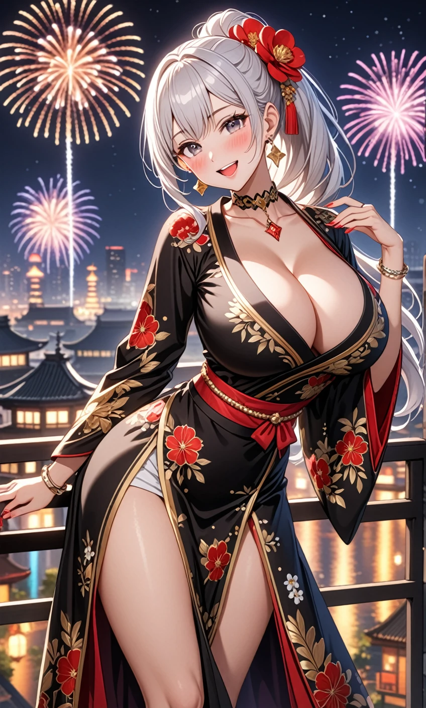 ((One personの女性)), Beautiful Face, (Laughing embarrassedly), (seductive smile:1.4), ((Wink:1.6)), (head tilt:1.3), Laugh with your mouth wide open, upper teeth, looking at viewer, ((full-face blush:1.6)),Glossy Red Lips,Night view, High terrace, firework, Glossy red lips, Shining Face, ((Anime style background)),masterpiece, Highest quality, so beautiful,up to date, Complex details, (Pink long nails),(ring),(bracelet),(Floral choker),AI-generated, Complex,High resolution, Highest quality, super high quality,3D Images、3D Images,One person,Long white hair,High Ponytail, Anime woman posing for a photo,((silver eyes:1.5)), ((Fine grain、Silver Eyes、Shining Eyes:1.3)), (Squint your eyes:1.1),a hyperRealistic , hyperRealistic , Realistic,Anime woman with long white hair, Smooth anime CG art, A woman in a colorful kimono with gold embroidery, ((Black long sleeve kimono)),Red floral pattern,Long flower hair ornament,Earrings,Mature Body,((huge breasts:1.3)), Tall,Abdominal muscles, Tight waist, (Leaning forward), ((full body)), (hip focus:1.1), ((looking back)),