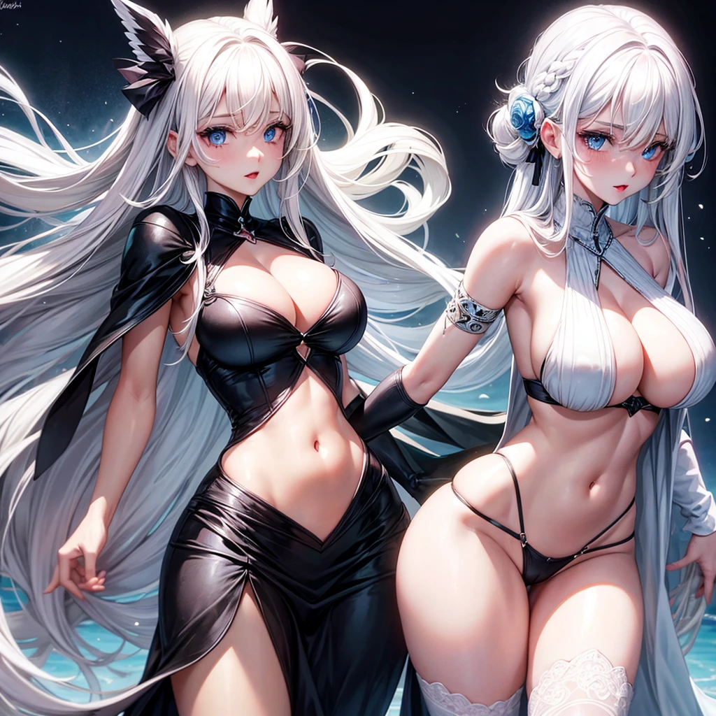 White hair girl with blue eyes and big boob woth black dress pink lips