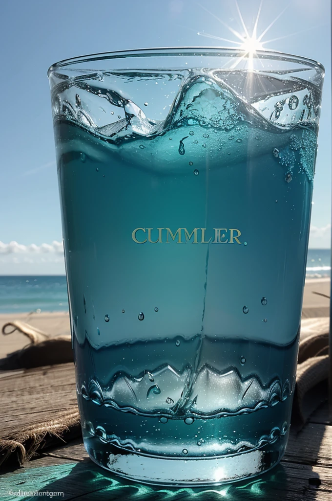 Text Prima Leben Statt Klima Kleben in gradient green-blue color on left; blue water drop falling into blue glass with ice cubes, straw, and sun rays on right.