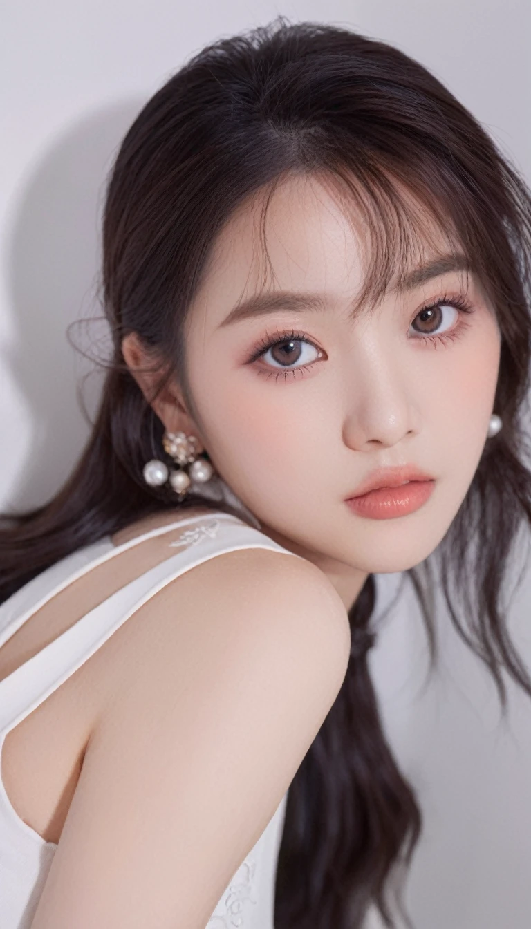 medium wide close-up, potrait, wide shoot, profile photo, front photo, 1girl, woman, (Photorealsitic)、(intricate detailes:1.2)、(masterpiece、:1.3)、beauty face, (top-quality:1.4)、(超A high resolution:1.2)、超A high resolution、(A detailed eye)、(detailed facial features), ((Realistic lighting、top-quality、8K、natural light, masterpiece:1.3))、bright photo, Clear focus:1.2、1girl in、flawless beauty:1.4、Superfine Face、Narrow-eyed、double eyelid、photos realistic, perfect eyes, perfect skin, detailed skin, detailed face, looking viewer, front view, potrait, raw photo, simple soft pink background, (intricate detailed skin textured:1.4) front view, looking viewer, clear face, 1 girl、porate、Bright and very beautiful face、beautiful girl, A stunning close-up portrait showcasing the beauty of a Korean model. The composition features soft, natural lighting , bright eyes, and striking cheekbones. Her glossy, The background is simply white background, wear sweetshirt, neat hair, long hair, instagram model, profil picture, bright and natural