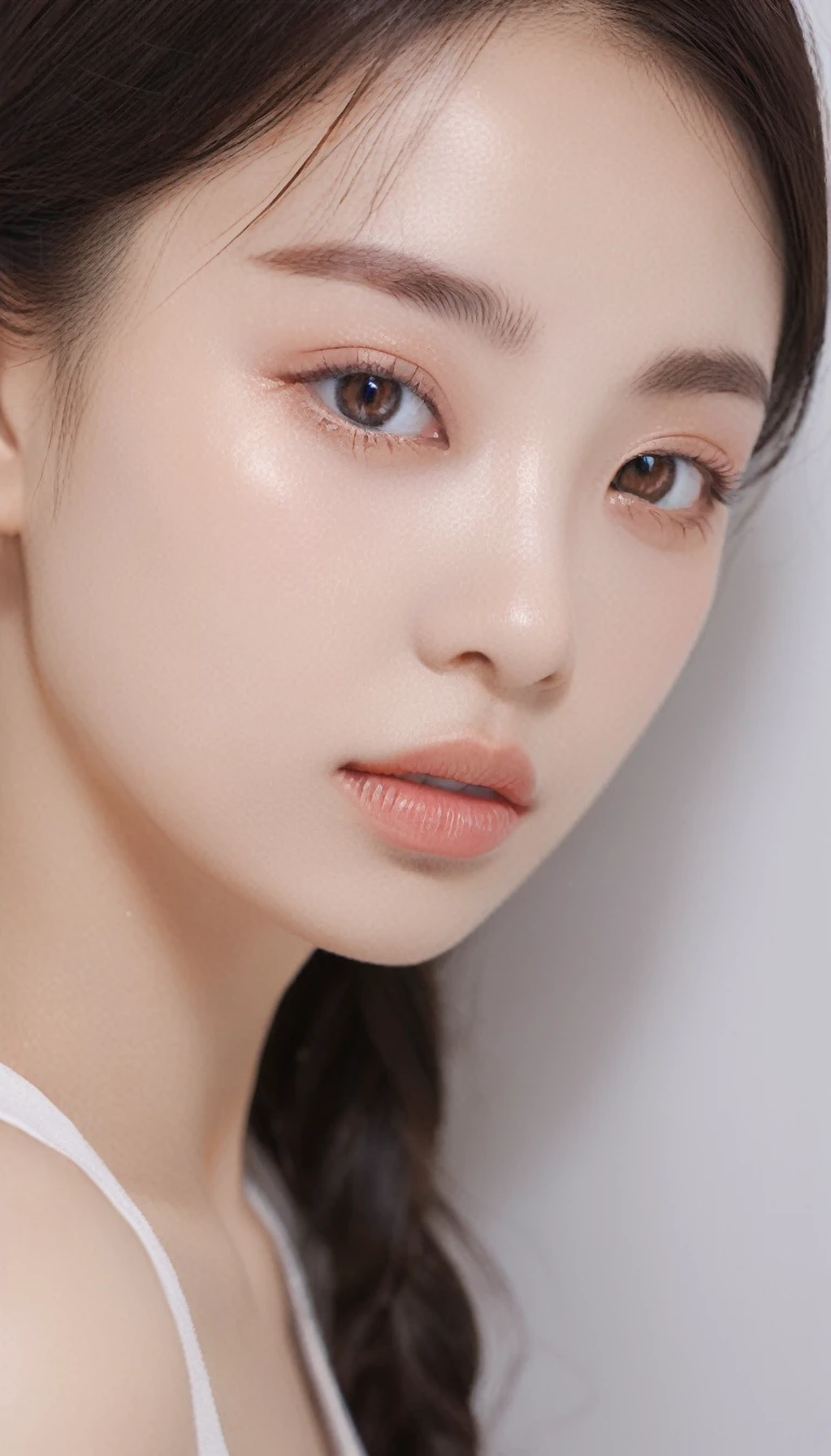 medium wide close-up, potrait, wide shoot, profile photo, front photo, 1girl, woman, (Photorealsitic)、(intricate detailes:1.2)、(masterpiece、:1.3)、beauty face, (top-quality:1.4)、(超A high resolution:1.2)、超A high resolution、(A detailed eye)、(detailed facial features), ((Realistic lighting、top-quality、8K、natural light, masterpiece:1.3))、bright photo, Clear focus:1.2、1girl in、flawless beauty:1.4、Superfine Face、Narrow-eyed、double eyelid、photos realistic, perfect eyes, perfect skin, detailed skin, detailed face, looking viewer, front view, potrait, raw photo, simple soft pink background, (intricate detailed skin textured:1.4) front view, looking viewer, clear face, 1 girl、porate、Bright and very beautiful face、beautiful girl, A stunning close-up portrait showcasing the beauty of a Korean model. The composition features soft, natural lighting , bright eyes, and striking cheekbones. Her glossy, The background is simply white background, wear sweetshirt, neat hair, long hair, instagram model, profil picture, bright and natural