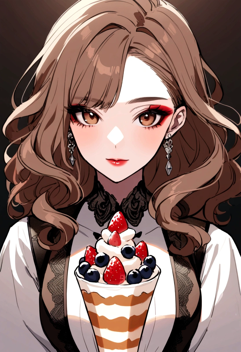 29 year old woman, long brown slightly curly hair, brown eyes,, visage parfait, professional makeup like model, C and wearing a white top