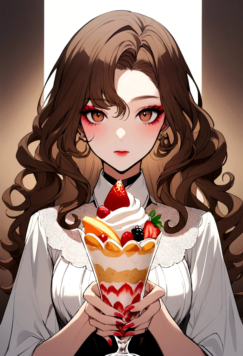 29 year old woman, long brown slightly curly hair, brown eyes,, visage parfait, professional makeup like model, C and wearing a white top