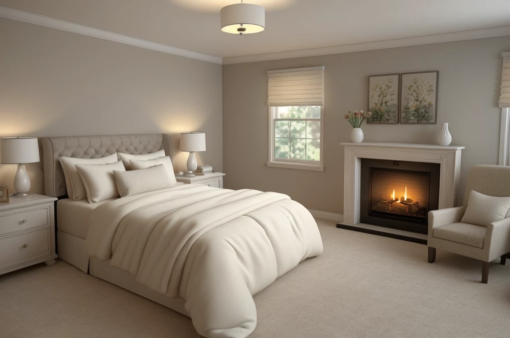 there is a bed with a white comforter and a fireplace in the corner, bedroom interior, well lit 3 d render, warm interior, dimly lit bedroom, 3 d render even lit, realistic soft lighting, highly detailed soft lighting, warm lighting interior, soft natural volumetric lighting, dim bedroom, photorealistic room, natural light in room, soft ambient lighting