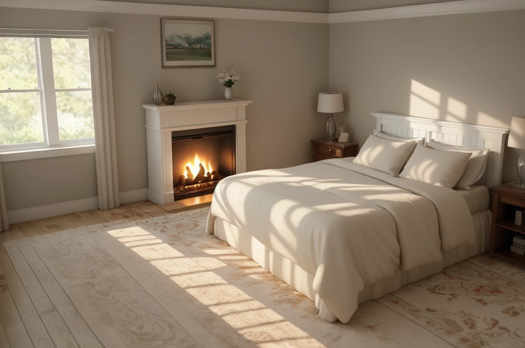 there is a bed with a white comforter and a fireplace in the corner, bedroom interior, well lit 3 d render, warm interior, dimly lit bedroom, 3 d render even lit, realistic soft lighting, highly detailed soft lighting, warm lighting interior, soft natural volumetric lighting, dim bedroom, photorealistic room, natural light in room, soft ambient lighting