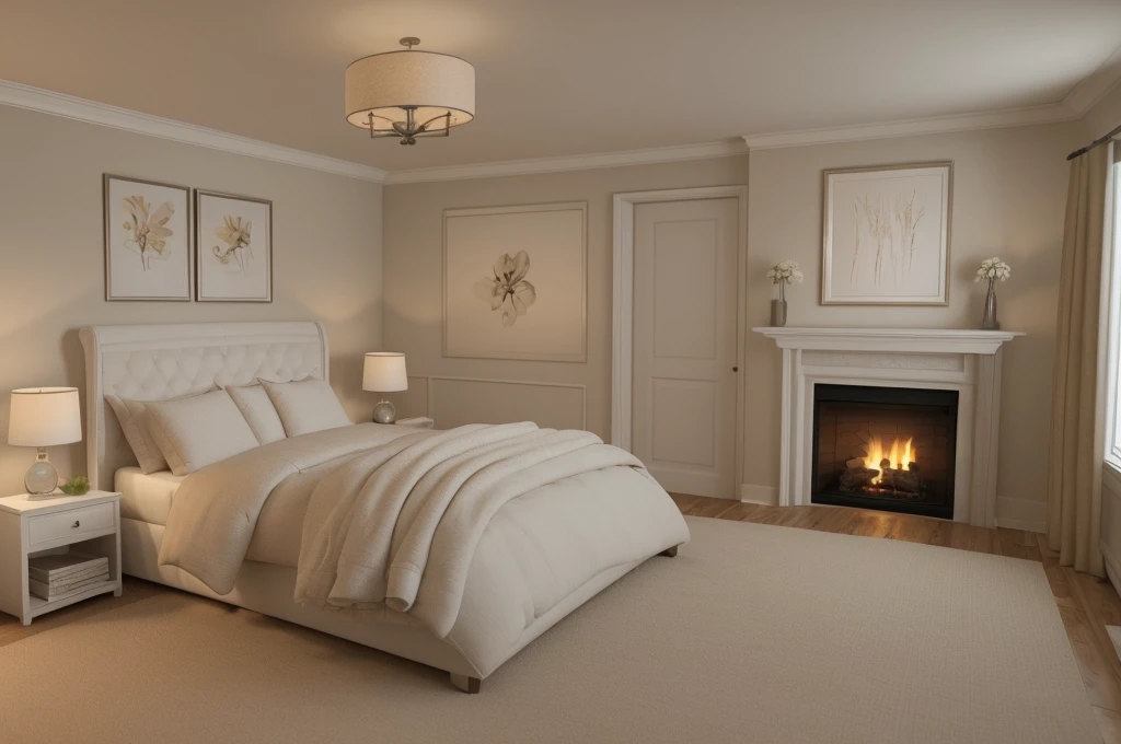 there is a bed with a white comforter and a fireplace in the corner, bedroom interior, well lit 3 d render, warm interior, dimly lit bedroom, 3 d render even lit, realistic soft lighting, highly detailed soft lighting, warm lighting interior, soft natural volumetric lighting, dim bedroom, photorealistic room, natural light in room, soft ambient lighting