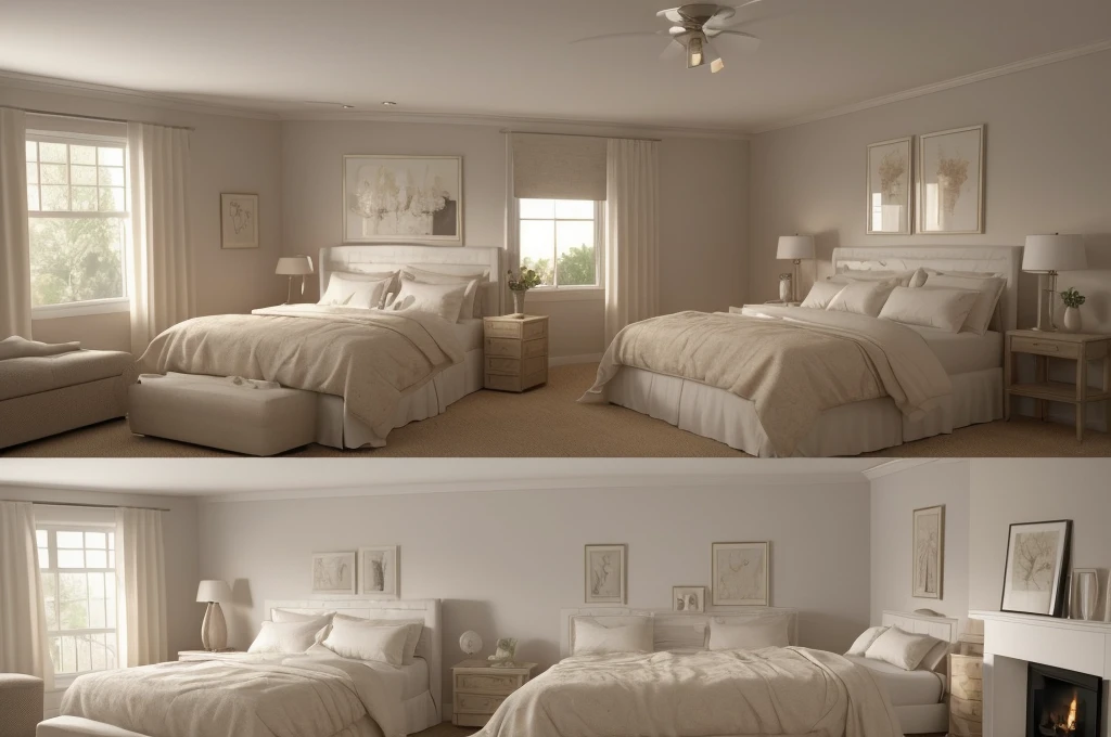 there is a bed with a white comforter and a fireplace in the corner, bedroom interior, well lit 3 d render, warm interior, dimly lit bedroom, 3 d render even lit, realistic soft lighting, highly detailed soft lighting, warm lighting interior, soft natural volumetric lighting, dim bedroom, photorealistic room, natural light in room, soft ambient lighting