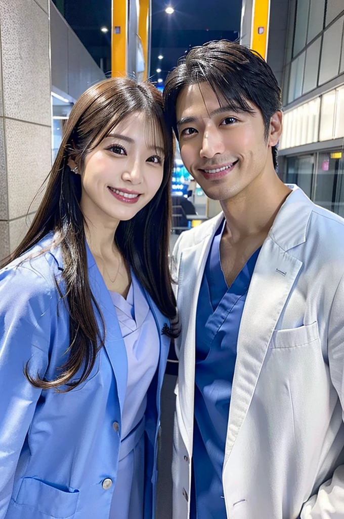 Male dentist and female dental hygienist 2people A good business partner 日本people Handsome Men and Beautiful Women Doctor wearing a white coat Upper body close-up high resolution high resolution Highest quality smile Wearing blue scrubs Take your head off