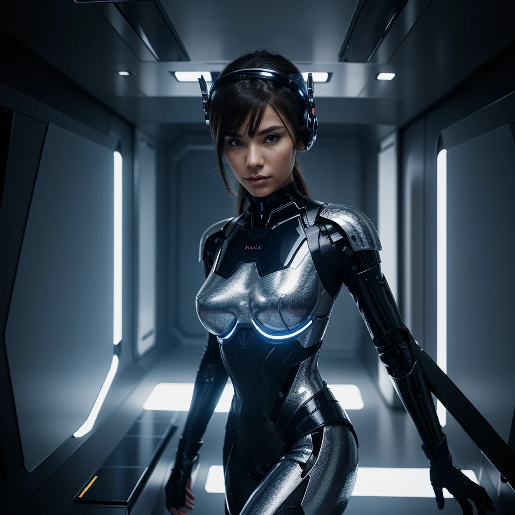 A highly detailed, seductive full-body portrait of a female cyborg with a minimalist headpiece integrated into her hair. She has an elegant and graceful figure, with glowing eyes and a beautiful face. Her outfit is made of metallic plastic, resembling armor with high-tech elements. The background is a futuristic laboratory. She is in a confident pose, with one hand extended forward as if controlling a hologram.
